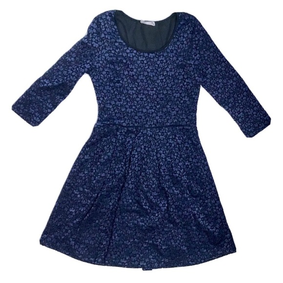 Navy Blue Black Floral Lace Fit And Flare Dress Juniors Medium Whimsigoth Retro - Picture 1 of 5